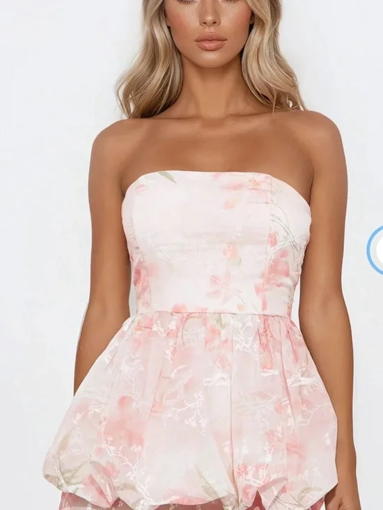 Strapless Pink Floral Bubble Hem romper - Picture 2 of 3